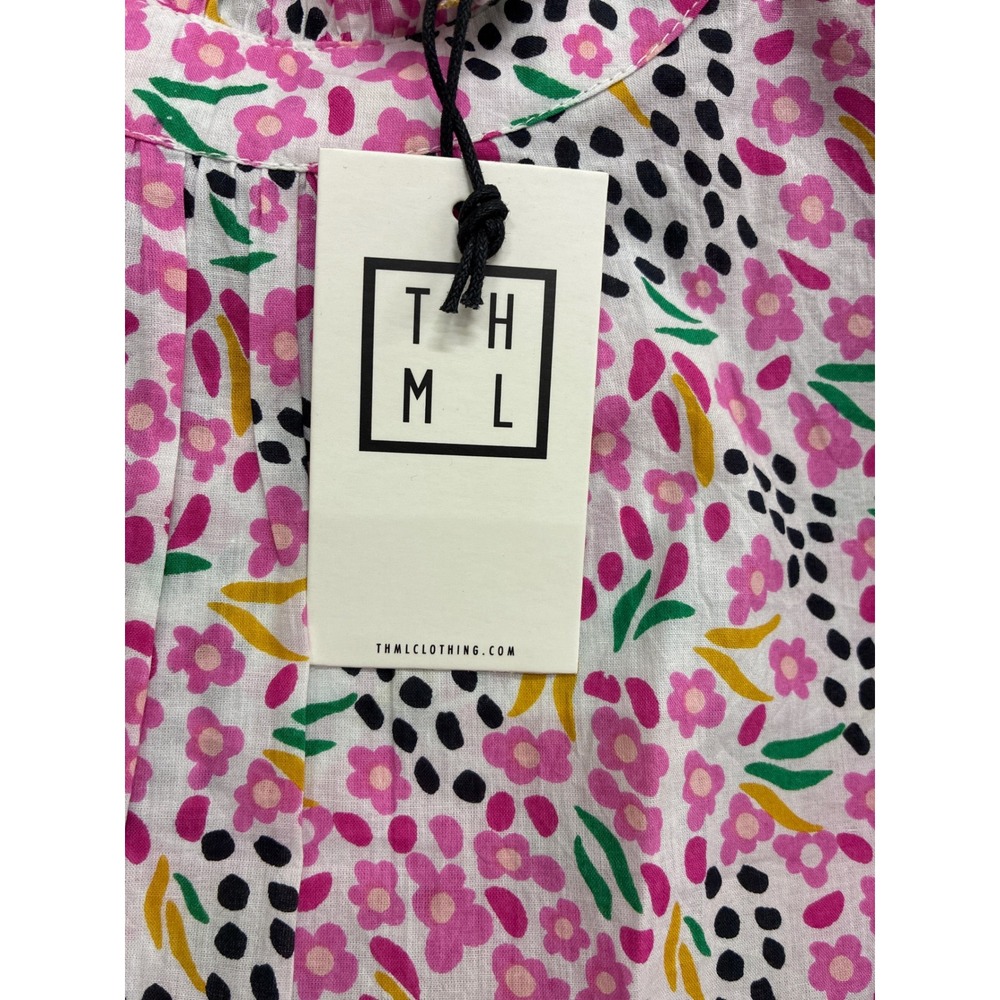 THML Flower Print Flutter Sleeve Top Pink Floral Polka Dot Cotton Blouse Medium - Picture 3 of 6